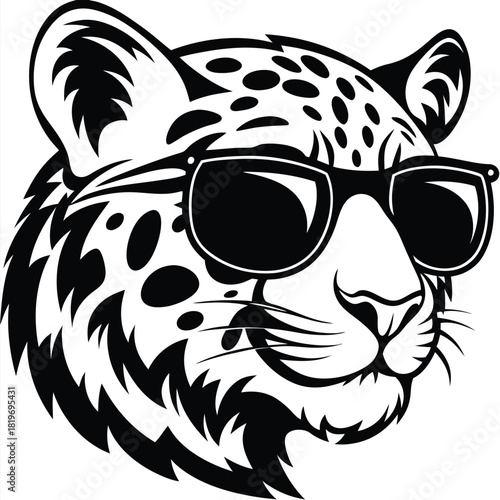 Stylish jaguar wearing sunglasses displays its confident face in a bold monochrome abstract portrait