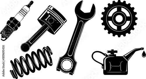 Automotive repair tools spark plug piston wrench gear oil can spring vector illustration