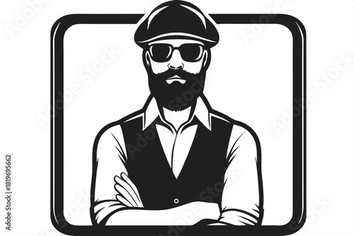 Serious man with a beard wearing sunglasses and cap stands confidently within a frame
