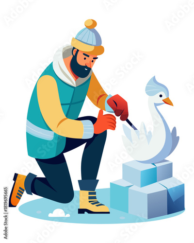 vector of an artist in winter gear chiseling ice block into swan shape, ice flakes flying, white background
