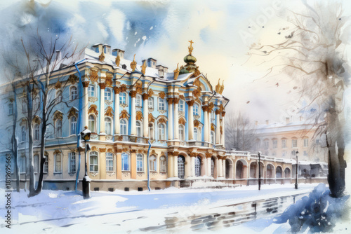 A watercolor illustration of a winter view of a palace in the Russian Baroque style. 