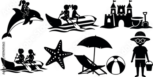 Beach vacation silhouettes dolphin sandcastle children umbrella starfish bucket beach ball vector illustration