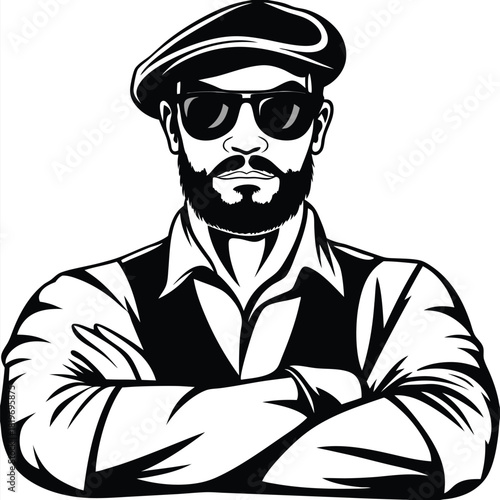 Monochrome sketch shows a bearded man with folded arms wearing glasses and cap