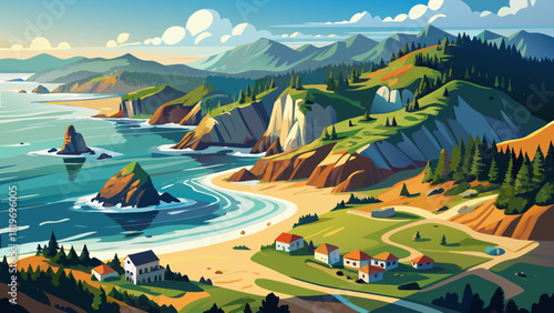 Very beautiful aerial panorama of Port Orford on the Oregon Coast, featuring rugged cliffs, sandy shoreline, rolling waves, and lush coastal forests under natural daylight.