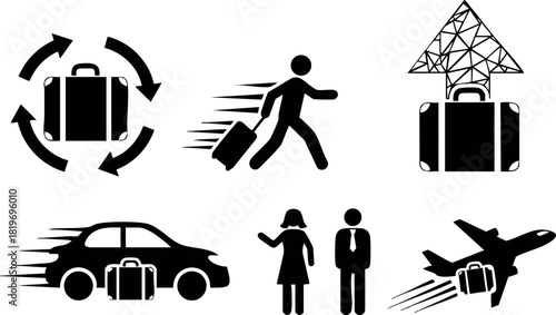 Travel icons suitcase luggage transportation airplane car pedestrian airport vector illustration