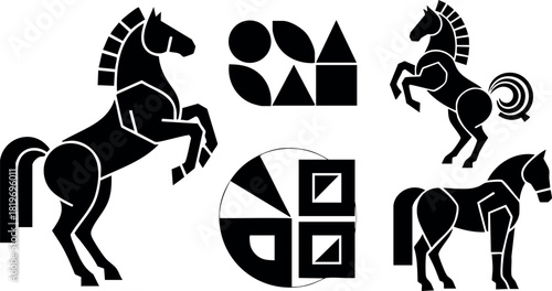 Black horse silhouettes geometric shapes abstract vector design for decoration and art