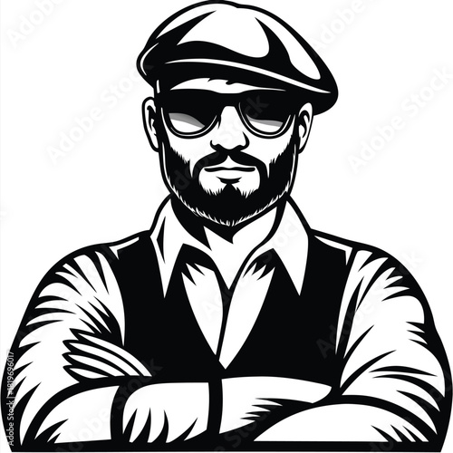 Monochrome drawing depicts a bearded man wearing shades and a cap with arms folded