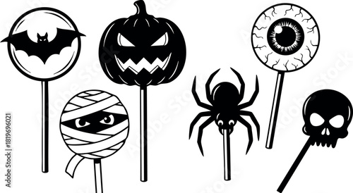 Halloween candy lollipops with pumpkin spider mummy skull and eyeball designs vector illustration spooky treats for party decoration