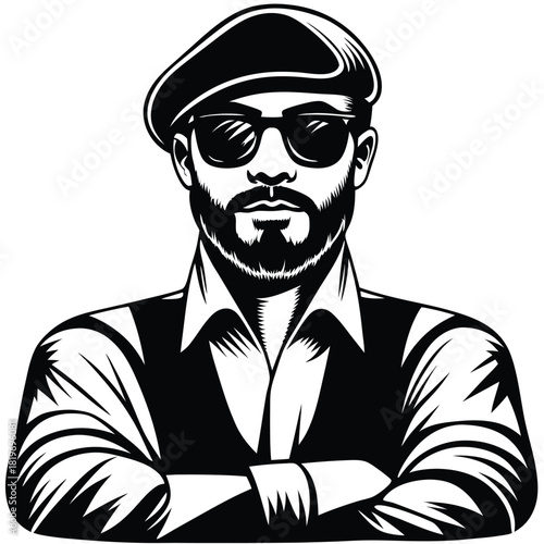 Stylish man in beret and sunglasses stands confidently with arms crossed on white