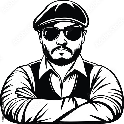 Monochrome man with cap and sunglasses confidently crosses his arms looking forward