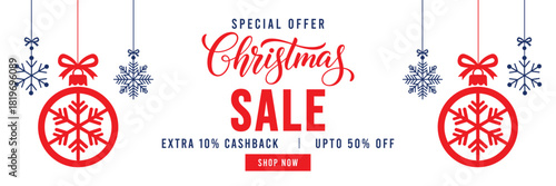 Special Offer Christmas Sale banner with elegant red script lettering, festive hanging ornaments, and snowflakes. Features 'Extra 10% Cashback' and 'Upto 50% Off' text with a red 'Shop Now' button, id