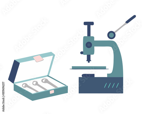 vector of a locksmith engraving a key using a bench machine, toolbox open beside, white background
