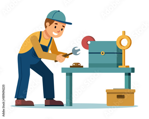 vector of a locksmith engraving a key using a bench machine, toolbox open beside, white background
