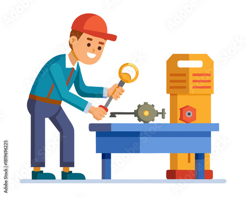 vector of a locksmith engraving a key using a bench machine, toolbox open beside, white background
