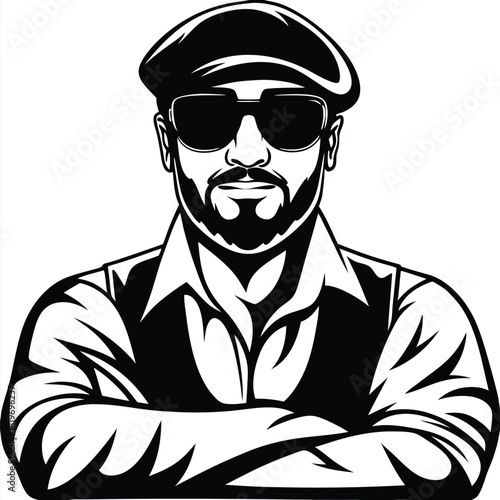 Monochrome illustration of a bearded man wearing sunglasses and a cap stands with arms crossed