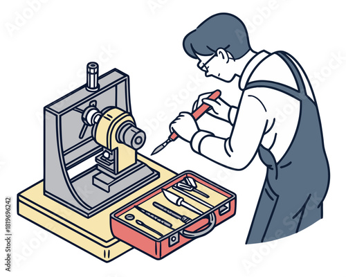 vector of a locksmith engraving a key using a bench machine, toolbox open beside, white background
