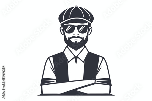 Stylish man with newsboy cap and sunglasses stands confidently with his arms crossed