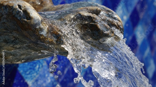 Clear water spills from the intricately carved stone spout into a blue tiled basin. Sunlight creates sparkling reflections in the garden where the fountain is situated.