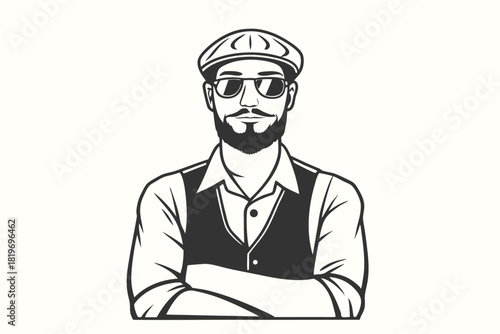 outline shows a bearded man with a cap and sunglasses crosses arms