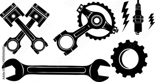 Mechanical engine parts wrench gear spark plug vector illustration black and white design