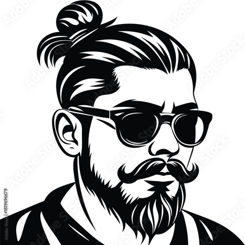 Portrait features a stylish man with beard, mustache and bun hairstyle wearing sunglasses