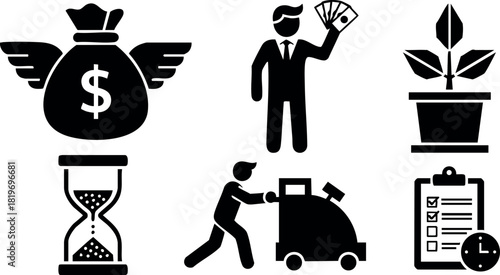 Business finance growth money time management checklist vector icons set