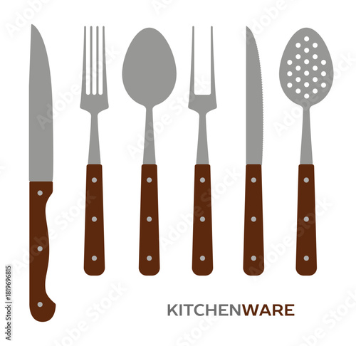 A beautifully arranged set of kitchenware features various knives, forks, and spoons with brown wooden handles