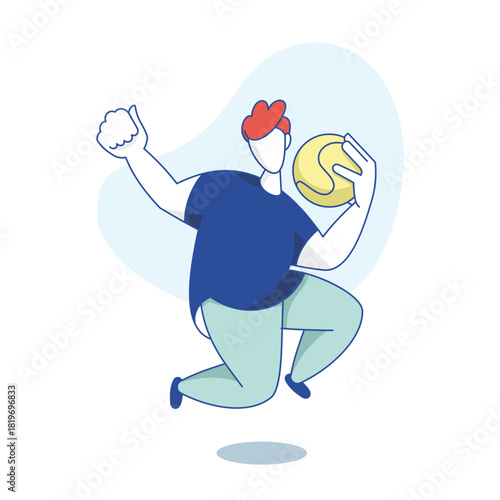 A cheerful boy with bright orange hair jumps in excitement, holding a yellow ball. His playful expression captures the joy of sports and games, inspiring fun and active playtime for children