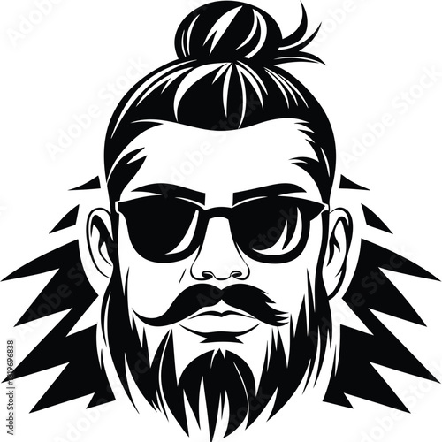 Stylized man portrait features a top bun, full beard, sunglasses in striking black and white