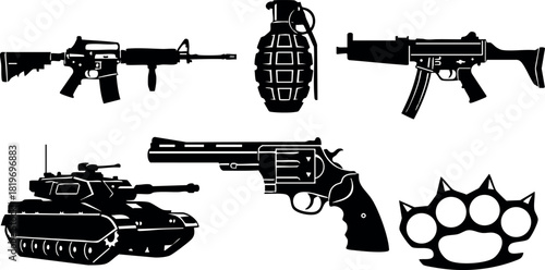 Military weapons collection vector illustration with assault rifle grenade pistol revolver tank and knuckle dusters silhouette