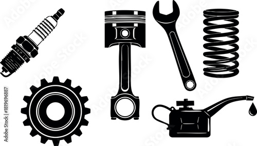 Automotive engine parts icon set spark plug piston wrench spring gear oil can vector illustration