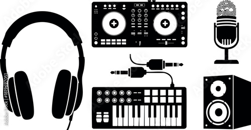 Audio equipment headphones mixer microphone speaker sound studio device vector illustration