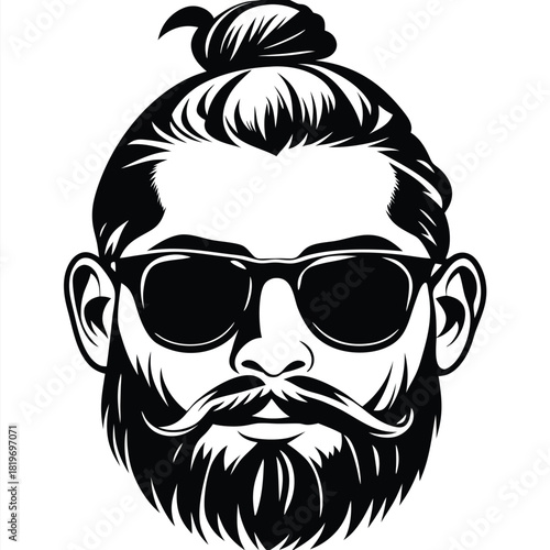 Monochromatic art shows bearded man with stylish hair and sunglasses illustration
