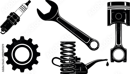 Automotive engine parts wrench spark plug piston gear spring oil vector illustration