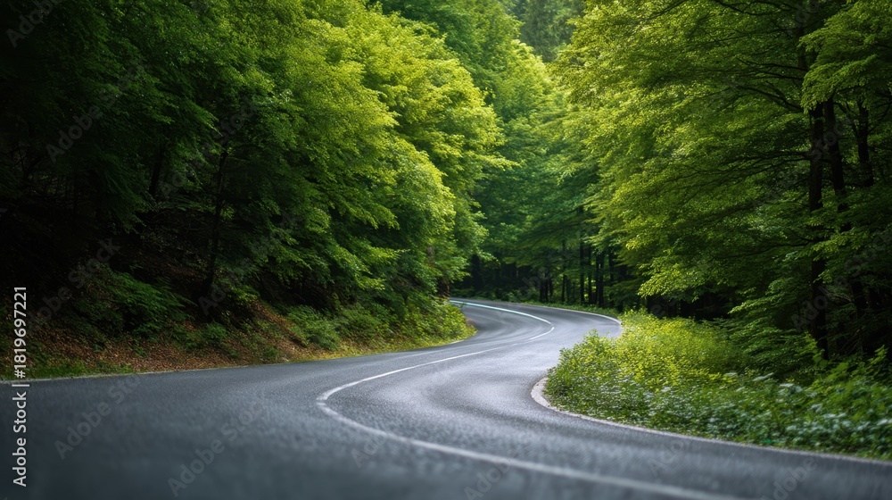 Fototapeta premium Winding asphalt road through a lush green forest. Curve in green summer woodland. Concept of travel, journey, nature, and adventure.