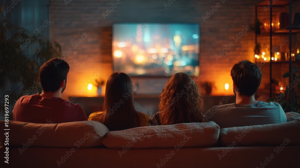 Naklejka premium Family watching movie together on television. People relaxing on a sofa in a dark room. Home entertainment and leisure time.