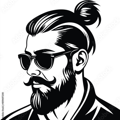 Stylish bearded man with sunglasses and topknot hairstyle showcases confidence and cool style