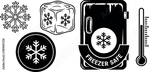 Freezer safe icons set with snowflake ice cube thermometer and fridge door vector illustration