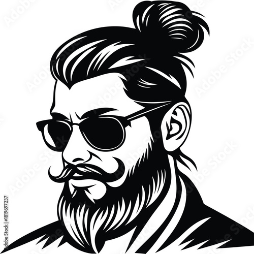 Monochrome stylish man with sunglasses and bun hairstyle looks forward intently, a minimalist design