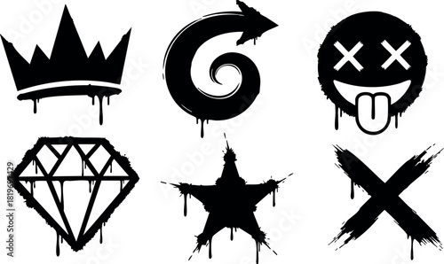 Black graffiti style crown swirl arrow diamond star cross and smiley face icons vector illustration