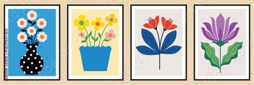 Colorful floral poster vector set with decorative flowers, bold shapes, potted plants and modern minimalist wall art designs