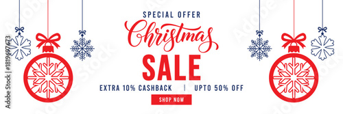 Special Offer Christmas Sale banner with elegant red script lettering, festive hanging ornaments, and snowflakes. Features 'Extra 10% Cashback' and 'Upto 50% Off' text with a red 'Shop Now' button, id