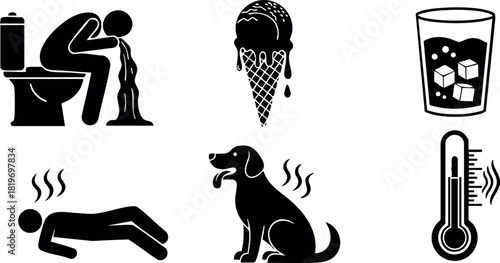 Sickness and fever symptoms vomiting nausea ice cream dog thermometer temperature illness vector illustration