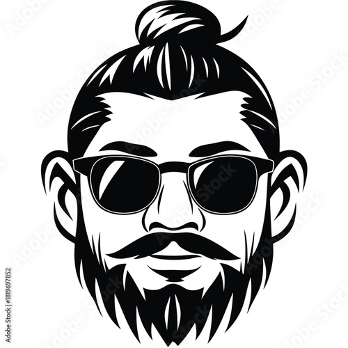 Stylish bearded man with sunglasses and topknot displayed in a monochrome black avatar