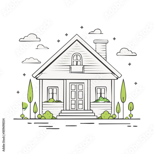 Clean line art illustration of a residential dwelling with trees shrubs and floating clouds