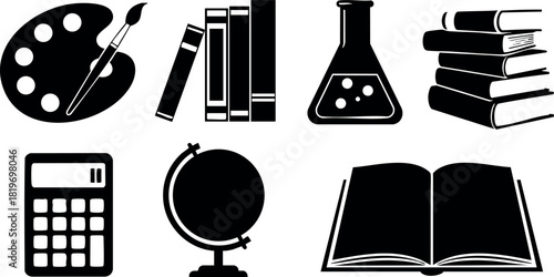 Education icons vector set with books calculator globe palette flask and open book for learning and study concepts