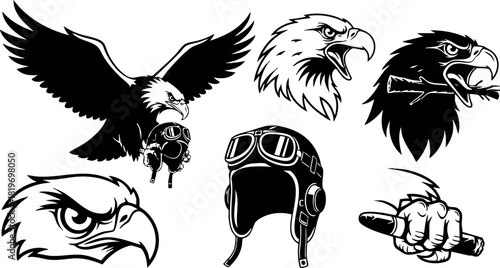 Eagle head and flying eagle vector with pilot helmet and hand gripping stick illustration black and white