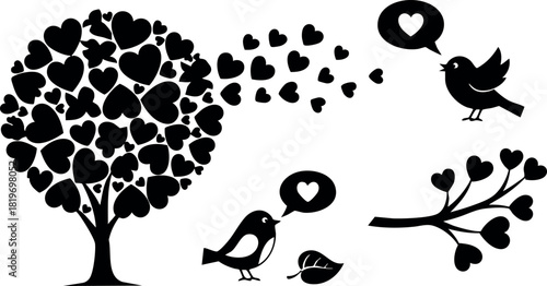 Heart shaped tree love birds romantic nature vector illustration design elements black and white art