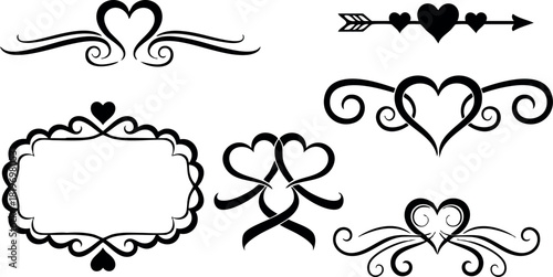 Romantic heart decorative vector elements set with arrows ribbons and frames for love design