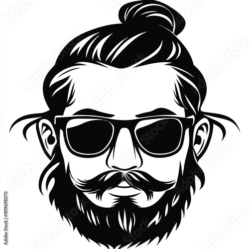 Monochromatic man with beard, mustache, and sunglasses sporting a stylish topknot hairstyle